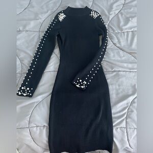 Black Long Sleeve Dress with Pearls on Sleeves